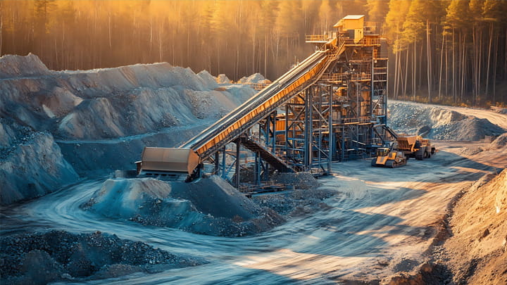 Industrial conveyor belt operating in a frozen quarry with icy terrain and heavy equipment at sunrise