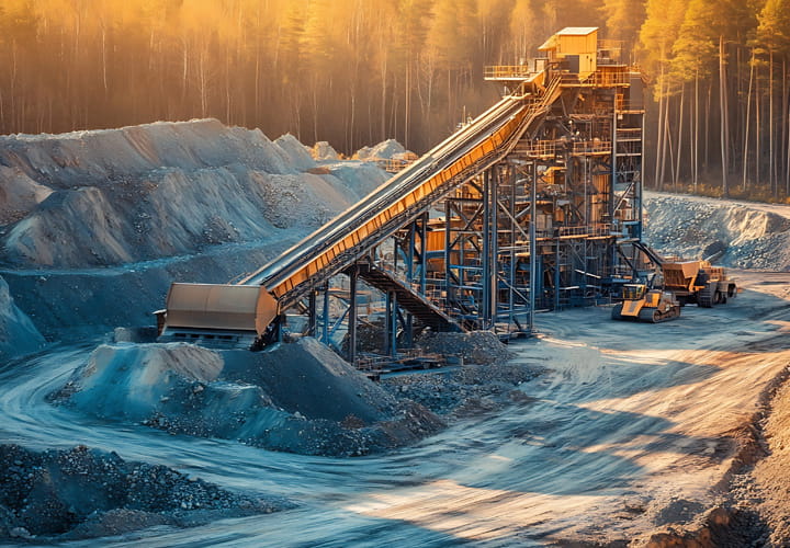 Industrial conveyor belt operating in a frozen quarry with icy terrain and heavy equipment at sunrise