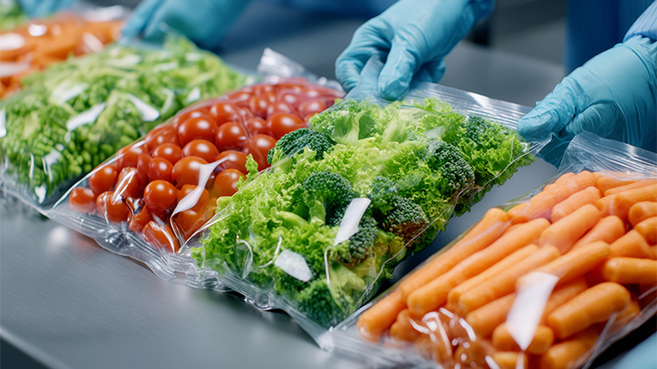 Gloved hands handling vacuum-sealed packs of fresh vegetables in a food processing setting