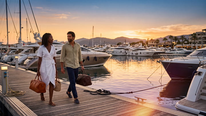 Two people walking along a marina dock with boats and yachts at sunset, carrying bags