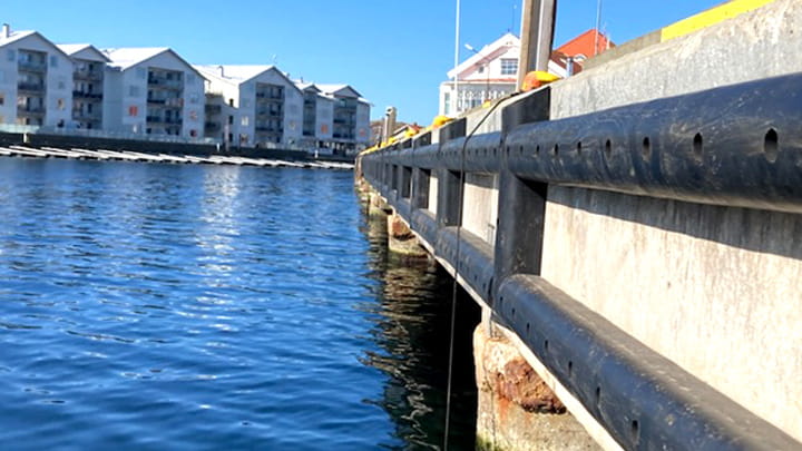 Black marine fenders mounted along a dock, protecting the quay beside calm water and waterfront buildings