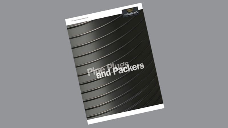 Trelleborg brochure cover showing ribbed pipe texture with the title “Pipe Plugs and Packers