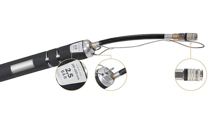 House packer - Inflatable pipe packer with close‑up details of pressure rating and connector fittings for trenchless pipe repair