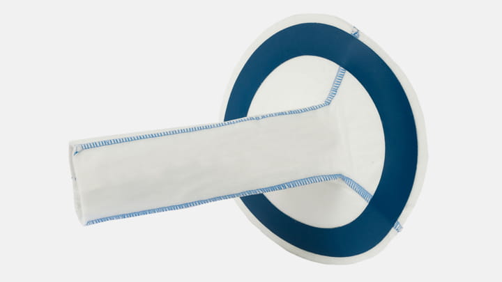 Trenchless lateral connection repair liner with blue-stitched white sleeve and blue-rimmed flange for no-dig sewer pipe rehabilitation