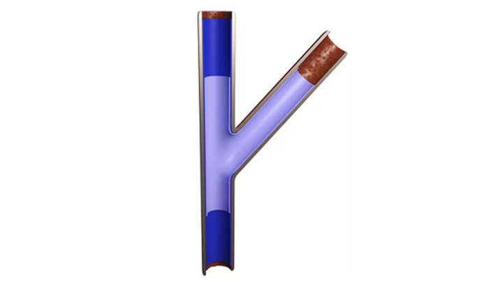 Y-shaped pipe cross-section with blue inner lining showing lateral connection point for trenchless sewer rehabilitation