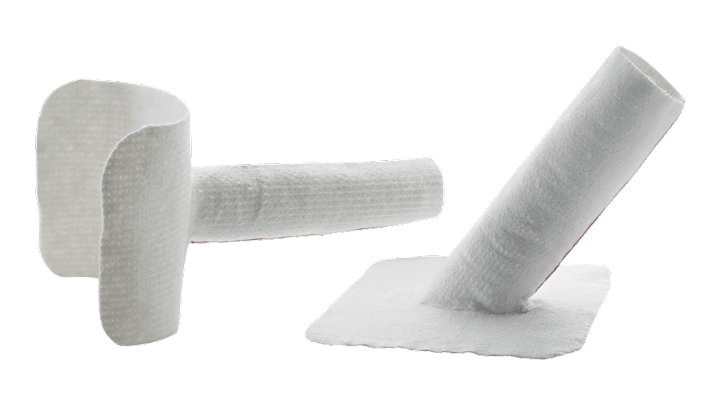 White textured cylindrical components with curved and angled bases, used in trenchless lateral connection rehabilitation for pipe systems