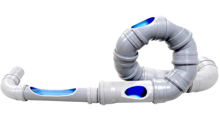 A pipe-circle treated with Boldan-inhouse-lining-system. Cutaways show treatment results.