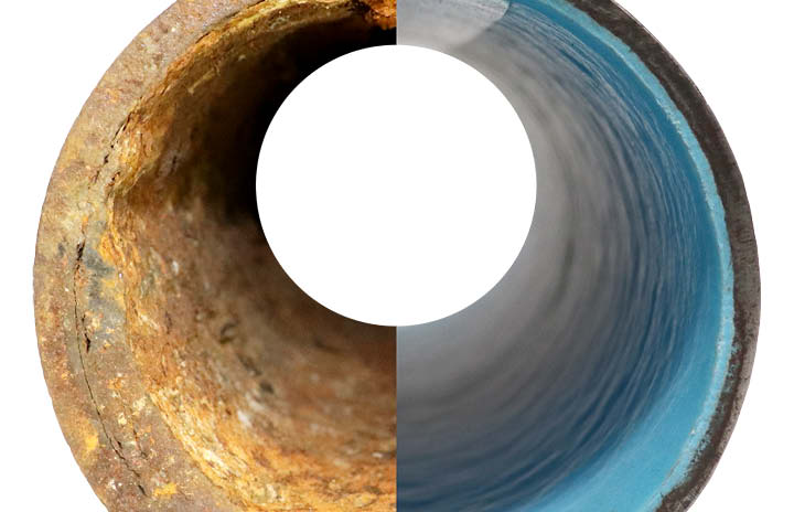 A cross-section of a pipe, clearly demonstrating the before-and-after effect of rehabilitation with the Spraypoxy system