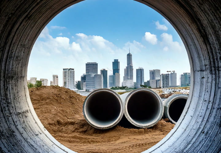 View of large concrete pipes on a construction site with a city skyline in the background