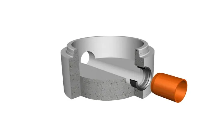 3D cross section of Trelleborg 945 Five Lip in a manhole with orange pipe before being installed