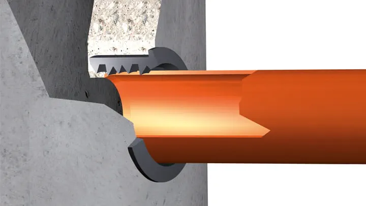 3D cross section of Trelleborg 945 Five Lip in a manhole with orange pipe after being installed