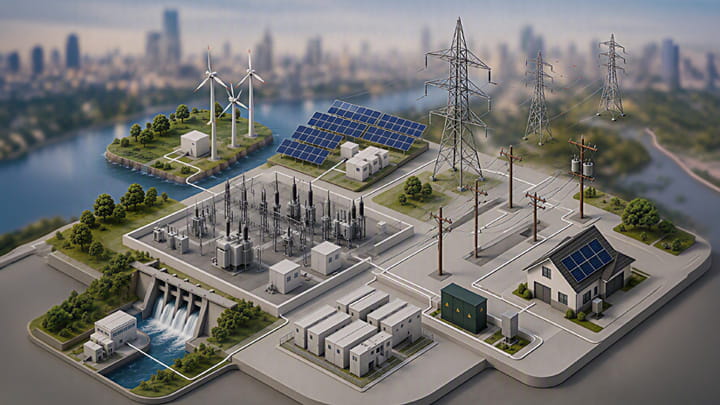Renewable energy grid with wind turbines, solar panels, hydropower, power lines and a residential building.
