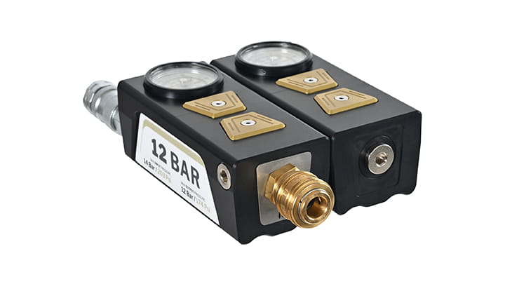 Compact 12‑bar pneumatic controller with dual gauges for high‑pressure lifting bags