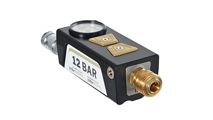 Compact 12‑bar pneumatic controller with gauge for high‑pressure lifting bags