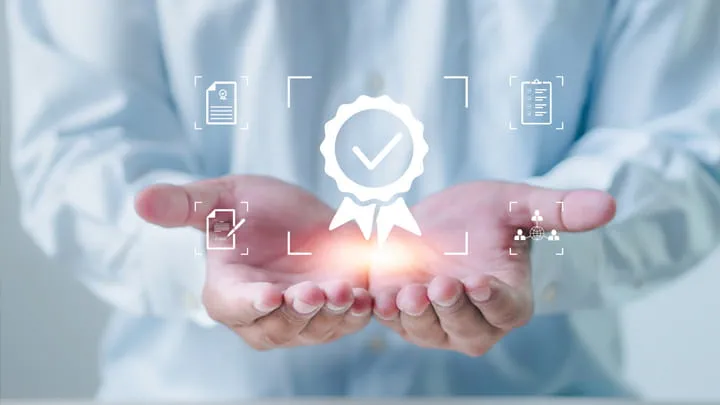 Hands presenting a digital quality certification icon, symbolizing reliability and compliance in sealing profile products