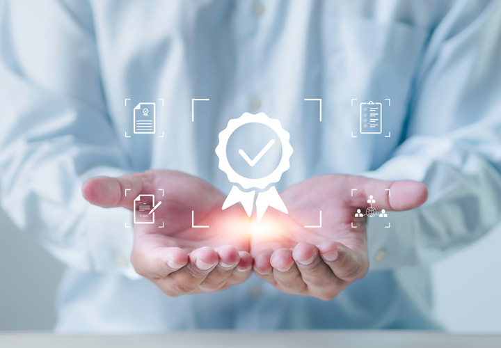 Hands presenting a digital quality certification icon, symbolizing reliability and compliance in sealing profile products