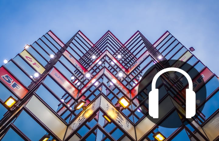 A facade plus headphone icon