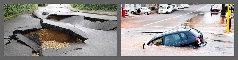 Socavón en vía urbana e inundación de calles por rotura de tubería de agua soterrada