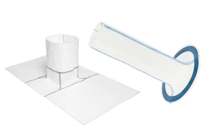 Two views of a pipe repair liner: one flat with a long tube section, and one rolled up with a blue end