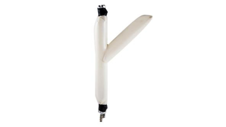Y-shaped lateral connection rehabilitation tool with white cylindrical arms and black-sealed ends 
