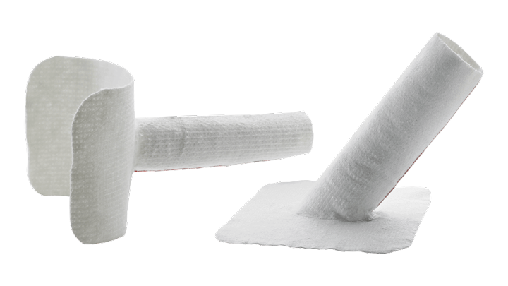 White textured cylindrical components with curved and angled bases, used in trenchless lateral connection rehabilitation for pipe systems