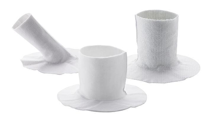 Set of three white cylindrical lateral connection rehabilitation liners with flared bases, designed for flexible and trenchless pipe repair