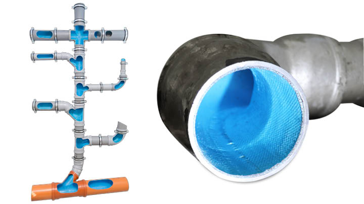Image shows pipe sections  with cutaways that display the result of the Boldan-inhouse-lining-system treatment
