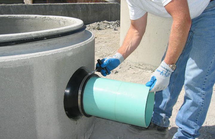 Man connecting a pipe to a manhole
