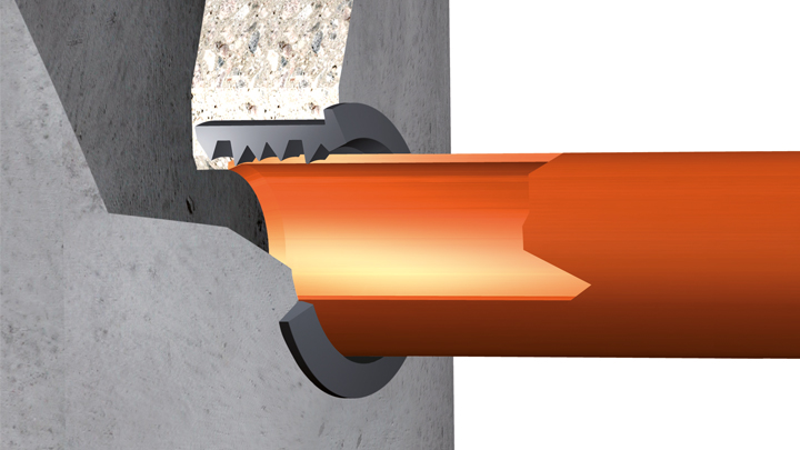 3D cross section of Trelleborg 945 Five Lip in a manhole with orange pipe after being installed