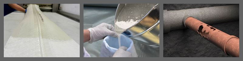 Image of lateral pipe rehabilitation stages: damaged pipe, resin pouring, and liner preparation