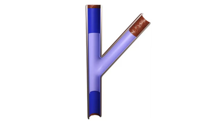 Y-shaped pipe cross-section with blue inner lining showing lateral connection point for trenchless sewer rehabilitation