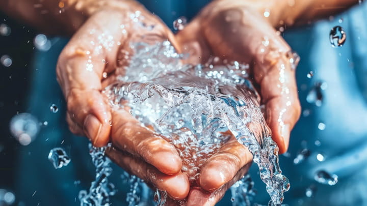 Close-up image of hands cupping water splashing Sustainability Water in Hands